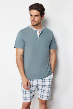 TRENDYOL MAN Yesil %100 Pamuk Regular Fit Ekose Orme Sortlu Pijama Tak?m? THMSS21PT0326