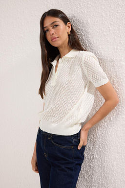 Ekru Viral Delikli/Ajurlu Yazl?k Polo Yaka Triko Bluz TWOSS25BZ00577