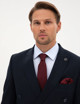 Lacivert Extra Slim Fit _izgili Kruvaze Tak_m Elbise