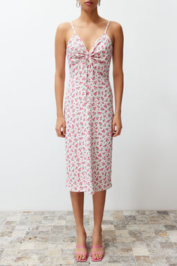 Ekru Cicek Bask?l? Burumcuk Belden Ac?lan/Skater Ask?l? Midi Orme Elbise TWOSS23EL01454 - Trendyolmilla фото 4