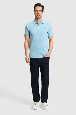 Erkek Slim Fit Polo Yaka Mavi Basic Ti__rt
