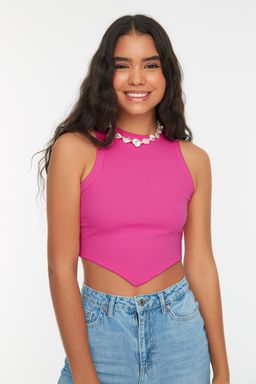 Pembe Asimetrik Super Crop Fitilli Esnek Orme Atlet TWOSS22AL0065