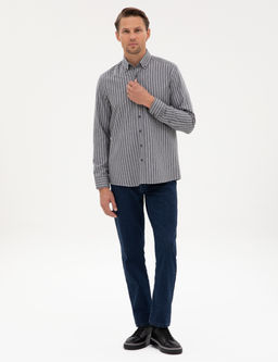 Gri Regular Fit _izgili Uzun Kollu G_mlek