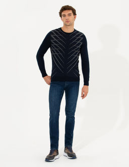 Темно-синий облегающий трикотажный свитер с круглым вырезом - Cacharel фото 13