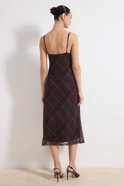 Cok Renkli Ekose Bodycon V Yaka Ince Ask?l? Kolsuz Buzgulu Maxi Tul Orme Elbise TWOSS26EL00149