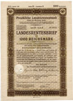 Облигация 4,5% 1000 рейхсмарок 1937 года Германия