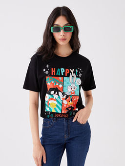 Bisiklet Yaka Y?lba?? Temal? Bugs Bunny Bask?l? K?sa Kollu Kad?n Ti??rt