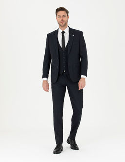 Lacivert Slim Fit _izgili Yelekli Tak_m Elbise