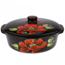 Лоток для запекания керамический "Десерт" 2л, д23,5см, h12,5см, "Мак черный", малый, с ручками, с крышкой (Россия)