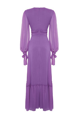 Mor A-Kesim Dokuma Sifon Uzun Gece Abiye Elbise TPRSS24AE00117 - Trendyolmilla фото 8