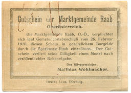Банкнота 50 геллеров 1920 года Австрия  Рааб (нотгельд)