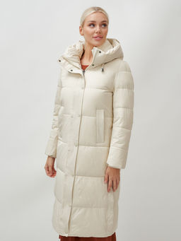 Пальто утепленное стеганное зимнее с капюшоном женское бежевого цвета 9601B - Holdluck фото 19