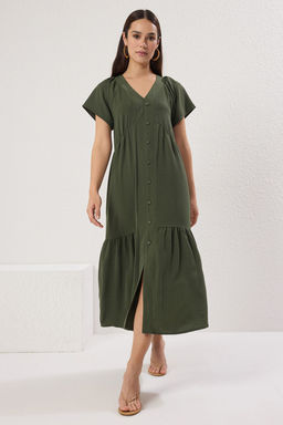 Haki Duz Midi Dokuma Elbise TWOSS25EL00629