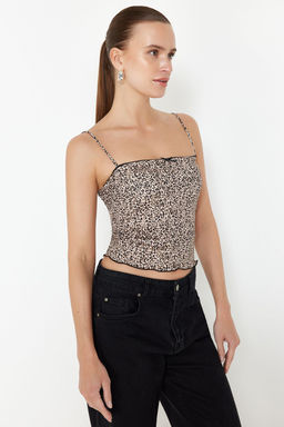 Trendyolmilla Kahverengi Leopar Bask?l? Ask?l? Crop Super Esnek Orme Bluz TWOSS24BZ00644  фото 3
