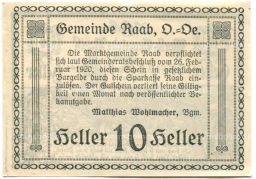 10 геллеров 1920 года Австрия  Рааб (нотгельд)