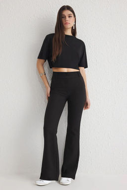 Siyah Ispanyol Paca Normal Bel Dokuma Pantolon TWOSS25PL00065