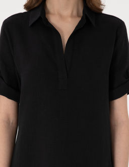 Siyah Regular Fit Keten K_sa Dokuma Elbise