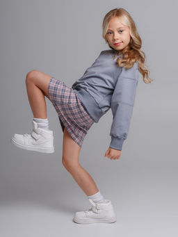 Костюм Мишель(Свит+юбка), ФУ цвет Сер-Роз/Клетка,78%х/б,16%пэ,6%л