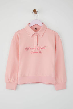 Lacivert 100% Pamuk Slogan Bask?l? Polo Yaka Oversize Orme K?z Cocuk Sweatshirt TKDAW26SW00009 - Trendyolmilla фото 6