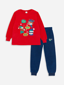 Bisiklet Yaka Y?lba?? Temal? Uzun Kollu Polar Erkek ?ocuk Pijama Tak?m?