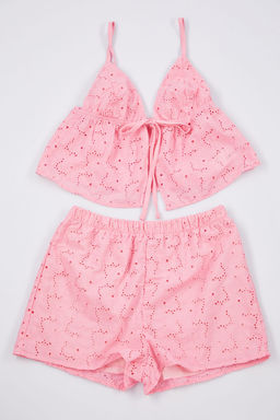 Trendyolmilla Mavi %100 Pamuklu Cicekli Astarl? Kendinden Desenli Sortlu Dokuma Pijama Tak?m? THMSS24PT00075 фото 10