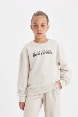 K?z Cocuk Bisiklet Yaka Bask?l? Okul Sweatshirt