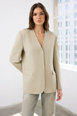 Vizon C?tc?t Kapamal? Regular/Normal Kal?p Yakas?z Dokuma Blazer Ceket TWOAW26BC00030 - Trendyolmilla фото 3