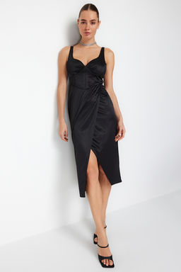 Siyah Drapeli Anvelop Orme Saten Elbise TPRSS24EL00054 - Trendyolmilla фото 3