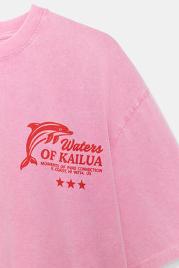 CAMISETA EFECTO LAVADO TEXTO / Rosa