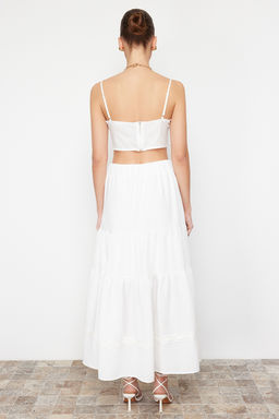 Ekru Etek Ucu Dantel Detayl? Keten Gorunumlu Klos Maxi Dokuma Etek TWOSS24ET00170