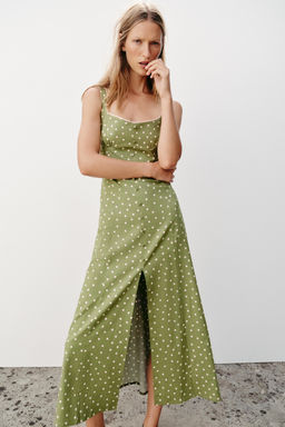 VESTIDO MIDI LUNARES CON LINO / Multicolor