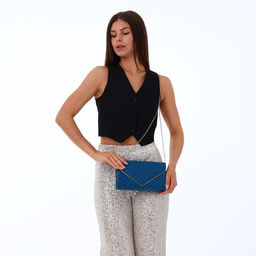 Сумка-клатч женская на магните, на длинной цепочке, со стёжкой, синяя