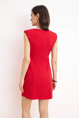 K?rm?z? Kemerli Kolsuz K?sa / Mini Esnek Dokuma Elbise TWOSS26EL00339