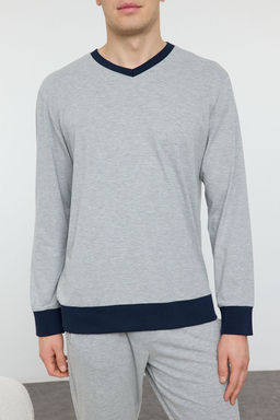 TRENDYOL MAN Erkek Gri Regular Fit Kontrast Ribanal? Orme Pijama Tak?m? TMNAW25PT00010 - Trendyolmilla фото 3