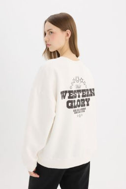 Oversize Genis Kal?p Bisiklet Yaka S?rt Bask?l? Kal?n Kumas Sweatshirt