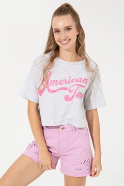 U. S. Polo Assn Женская серая меланжевая укороченная футболка с круглым вырезом - U.s. polo assn фото 2
