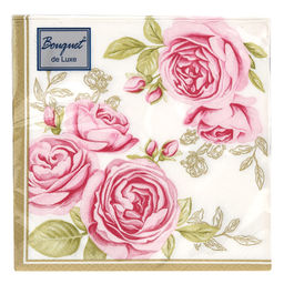 Салфетки бумажные Bouquet de Luxe 24х24см, 3-х слойные, 25 штук в упаковке, 100% целлюлоза, Роза с золотыми листьями (Россия)  фото 2