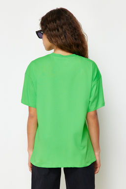 Yesil %100 Pamuk Bisiklet Yaka Oversize/Genis Kal?p Orme T-Shirt TWOSS20TS0134