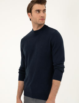 Lacivert Melanj Slim Fit Yar_m Bal_k__ Yaka Basic Triko Kazak - Pierre cardin фото 3