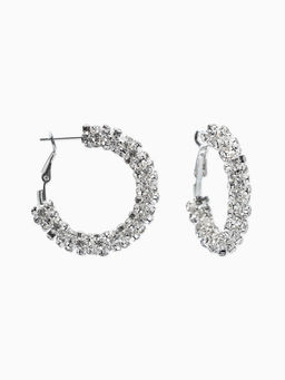 Серьги-кольца со стразами "Россыпь" d=3,5см, цвет белый в серебре