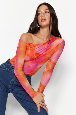 Pembe Desenli Tul S?rt? Transparan Fitted/Vucuda Oturan Esnek C?tc?tl? Orme Body TWOSS23BD00024