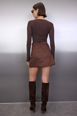 Kahverengi A-line/Can Ac?lan Mini Suet Orme Etek TWOAW26ET00011