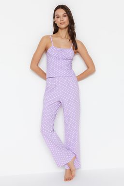 Trendyolmilla Lila Puantiyeli Pamuklu Ip Ask?l? Orme Pijama Tak?m? THMSS23PT00226