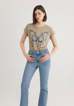 Kelebek Bask?l? Kahverengi Tisort - Mavi фото 2