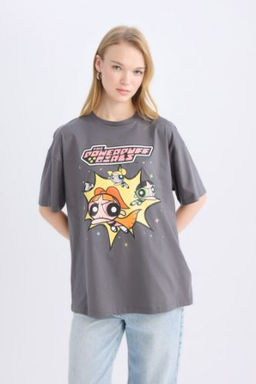 Coool PowerPuff Girls Oversize Genis Kal?p Bisiklet Yaka Bask?l? K?sa Kollu Tisort