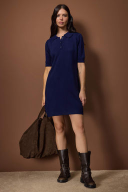 Lacivert Renk Bloklu K?sa / Mini Polo Yaka Triko Elbise TWOAW26EL00105