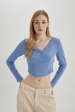 Coool Fitted V Yaka Crop Fitilli Kaskorse Uzun Kollu Tisort
