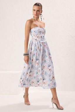 TRENDYOLMILLA Cok Renkli Cicekli Straplez Poplin Dokuma Midi S?k Elbise TPRSS25EL00275  фото 2