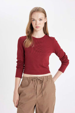 Женская классная однотонная футболка в рубчик с круглым вырезом и длинными рукавами