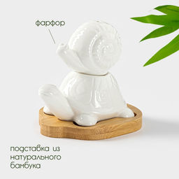 Набор для специй BellaTenero Черепаха и улитка, солонка 25 мл, перечница 30 мл, на бамбуковой подставке, фарфор, белый  фото 2